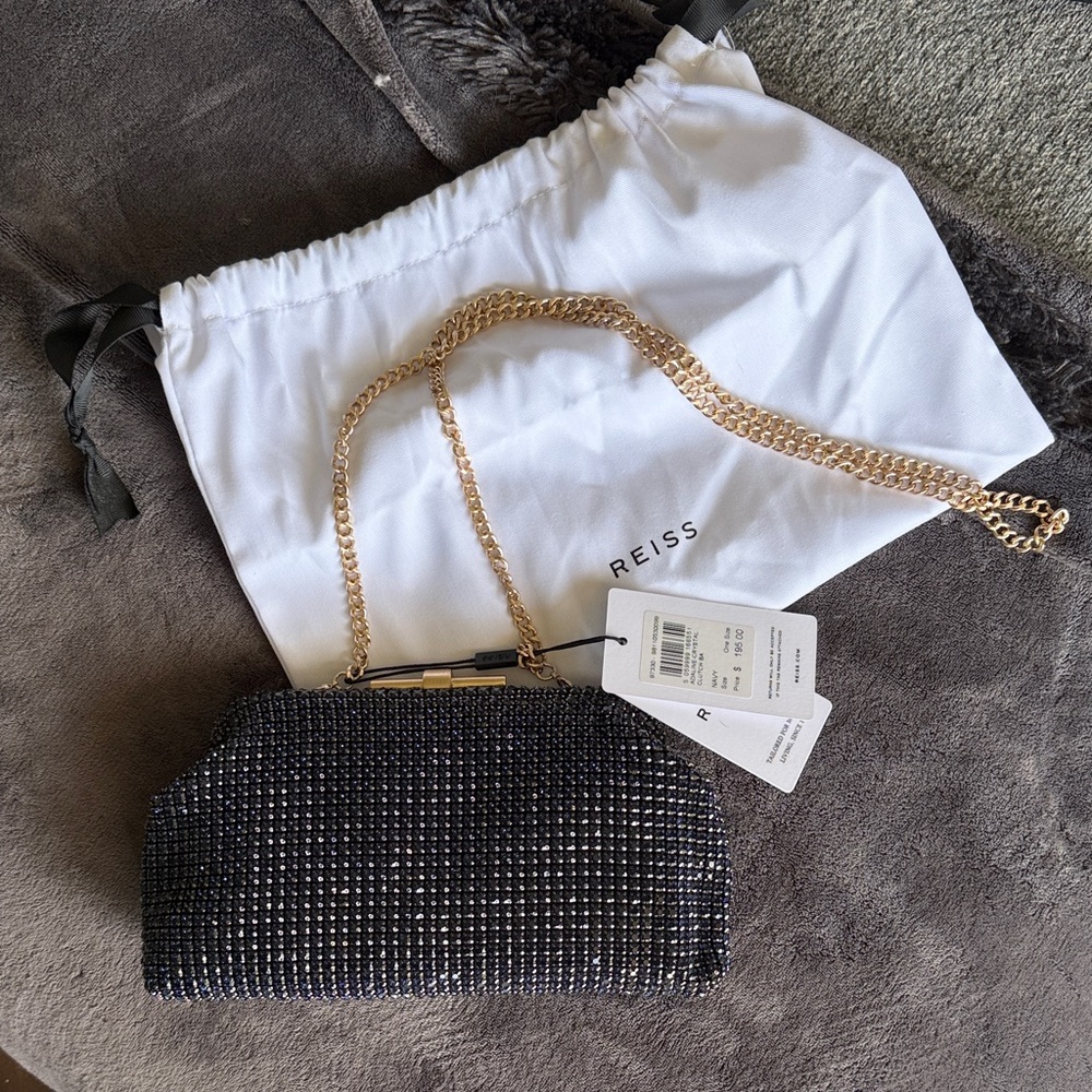 Reiss Adaline crystal Navy Rhinestone and Gold Beaded Clutch